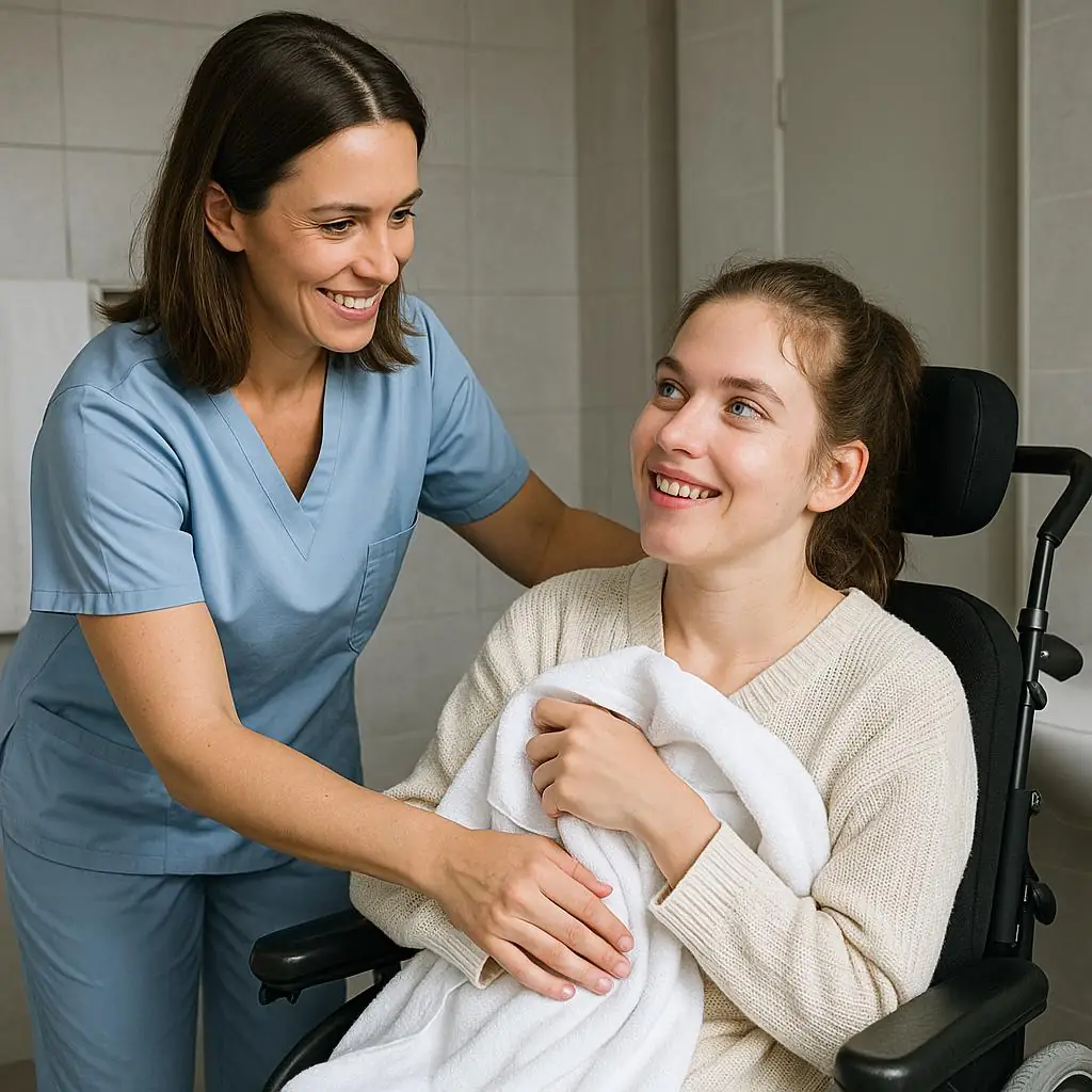 Support worker assisting participant with personal care